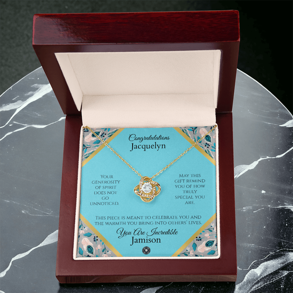 Love Knot Necklace: Personalized Azure Feather Message Card