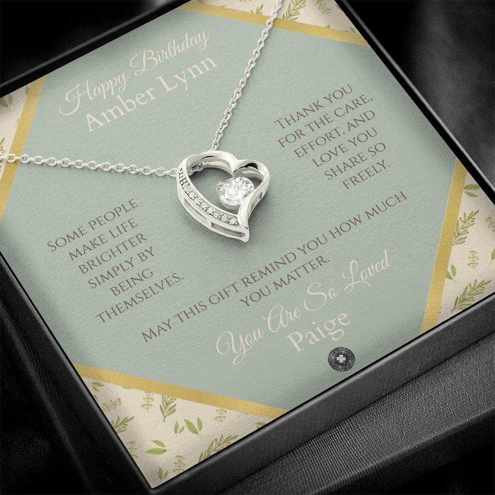 Forever Love Necklace: Personalized Sage Boho Message Card Jewelry 14k White Gold Finish Mahogany Style Luxury Box with LED The Sterling Clover & Co.