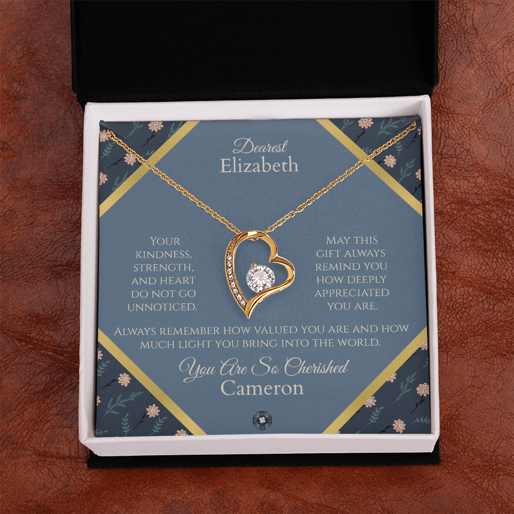 Forever Love Necklace: Personalized Navy Floral Message Card Jewelry 18k Yellow Gold Finish Two Tone Box The Sterling Clover & Co.