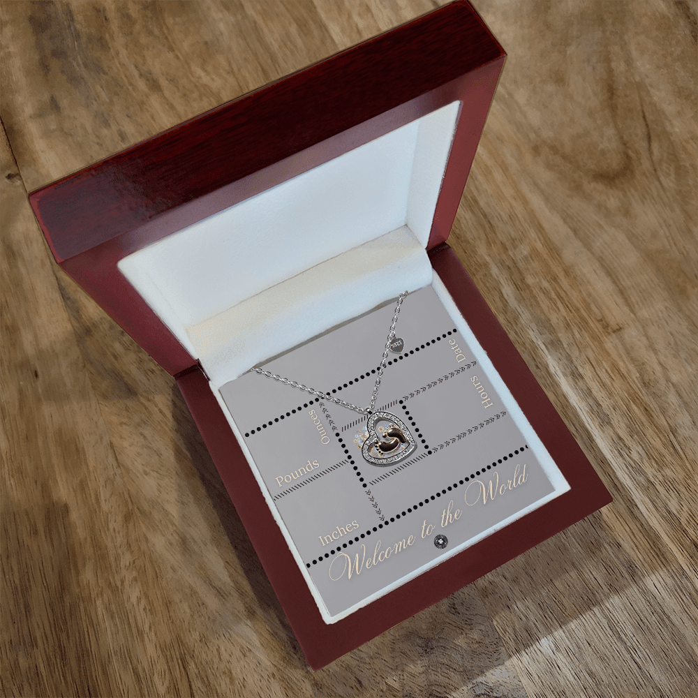 Baby Feet & Heart Announcement Necklace: Black Jewelry Mahogany Style Luxury Box with LED The Sterling Clover & Co.
