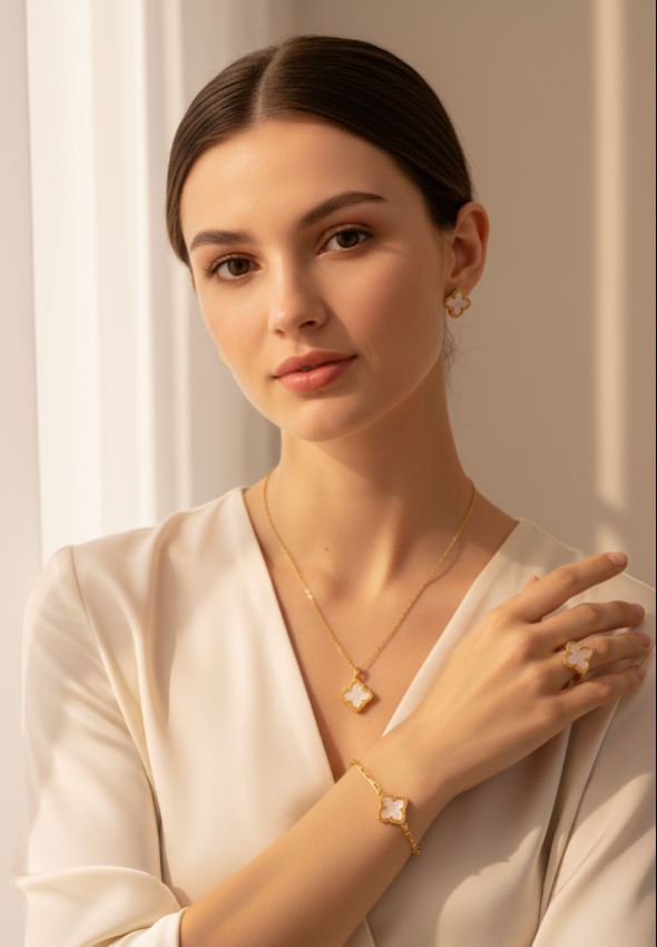 18K Gold & Ivory Clover Jewelry Set