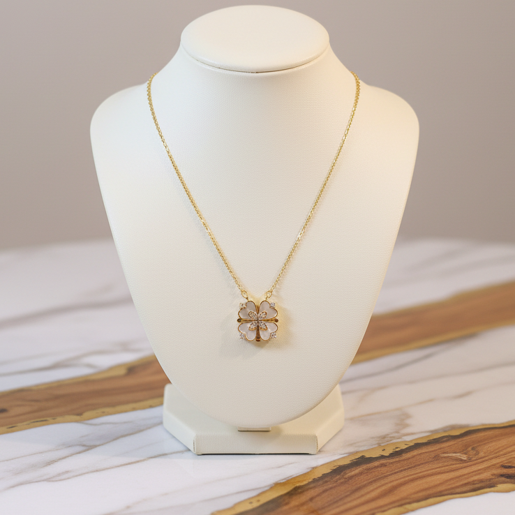 Luminous Pearl Finish Convertible Clover and Heart Necklace