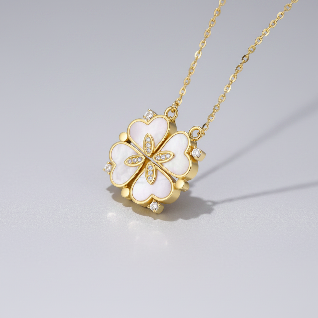 Luminous Pearl Finish Convertible Clover and Heart Necklace
