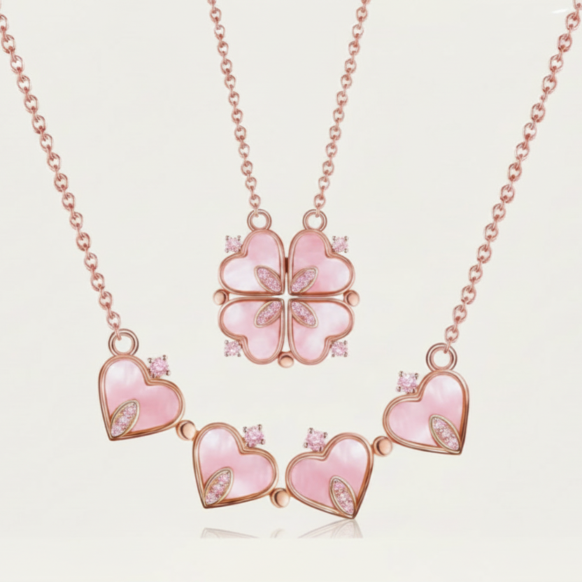 Luminous Pearl Finish Convertible Clover and Heart Necklace