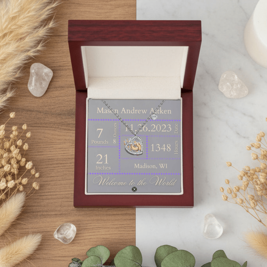 Baby Feet & Heart Announcement Necklace: Purple Jewelry Mahogany Style Luxury Box with LED The Sterling Clover & Co.