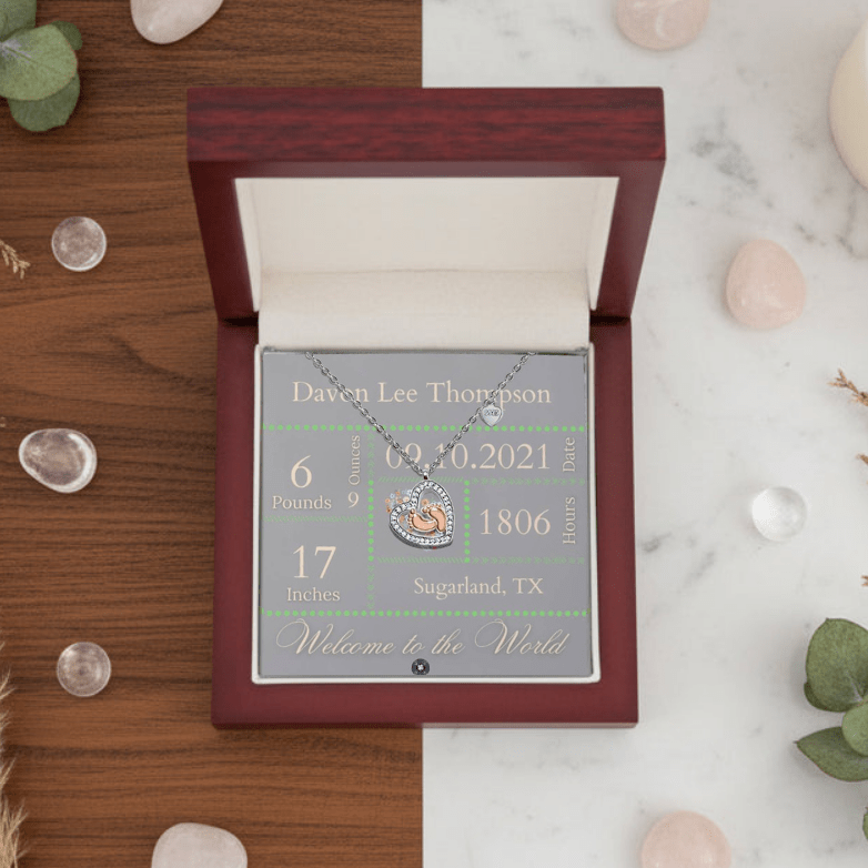 Baby Feet & Heart Announcement Necklace: Green Jewelry Mahogany Style Luxury Box with LED The Sterling Clover & Co.