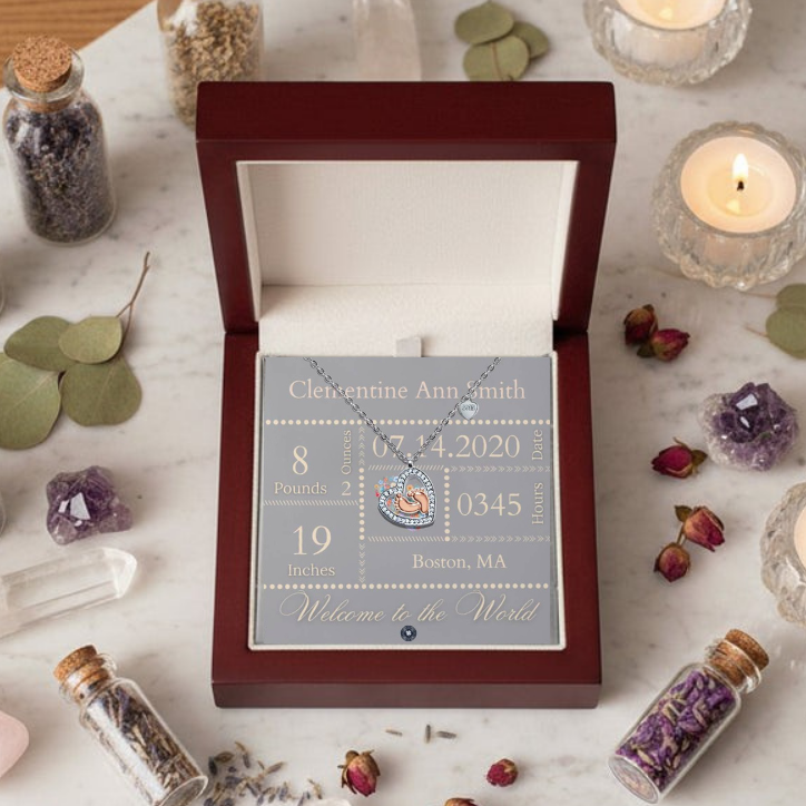 Baby Feet & Heart Announcement Necklace: Cream