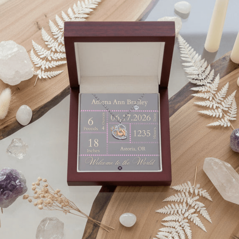 Baby Feet & Heart Announcement Necklace: Pink Jewelry Mahogany Style Luxury Box with LED The Sterling Clover & Co.