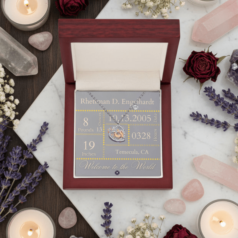 Baby Feet & Heart Announcement Necklace: Yellow Jewelry Mahogany Style Luxury Box with LED The Sterling Clover & Co.