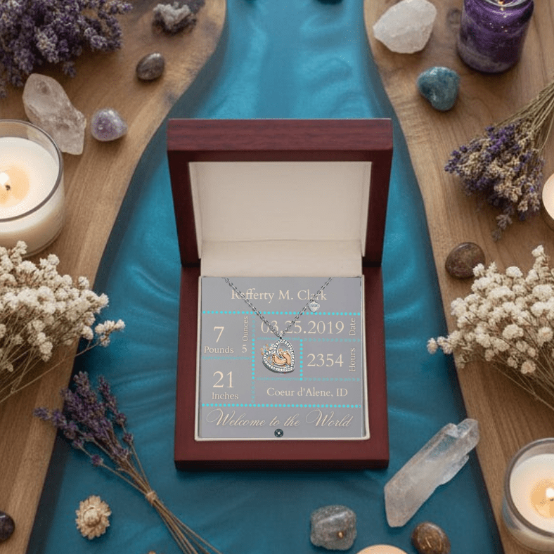 Baby Feet & Heart Announcement Necklace: Turquoise Jewelry Mahogany Style Luxury Box with LED The Sterling Clover & Co.