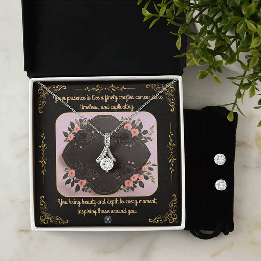 Alluring Beauty Necklace & Earring Set: Cameo Jewelry 14k White Gold Two Tone Box The Sterling Clover & Co.