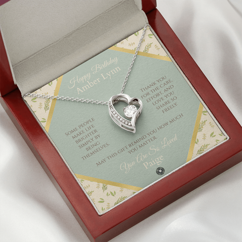 Forever Love Necklace: Personalized Sage Boho Message Card Jewelry 14k White Gold Finish Mahogany Style Luxury Box with LED The Sterling Clover & Co.