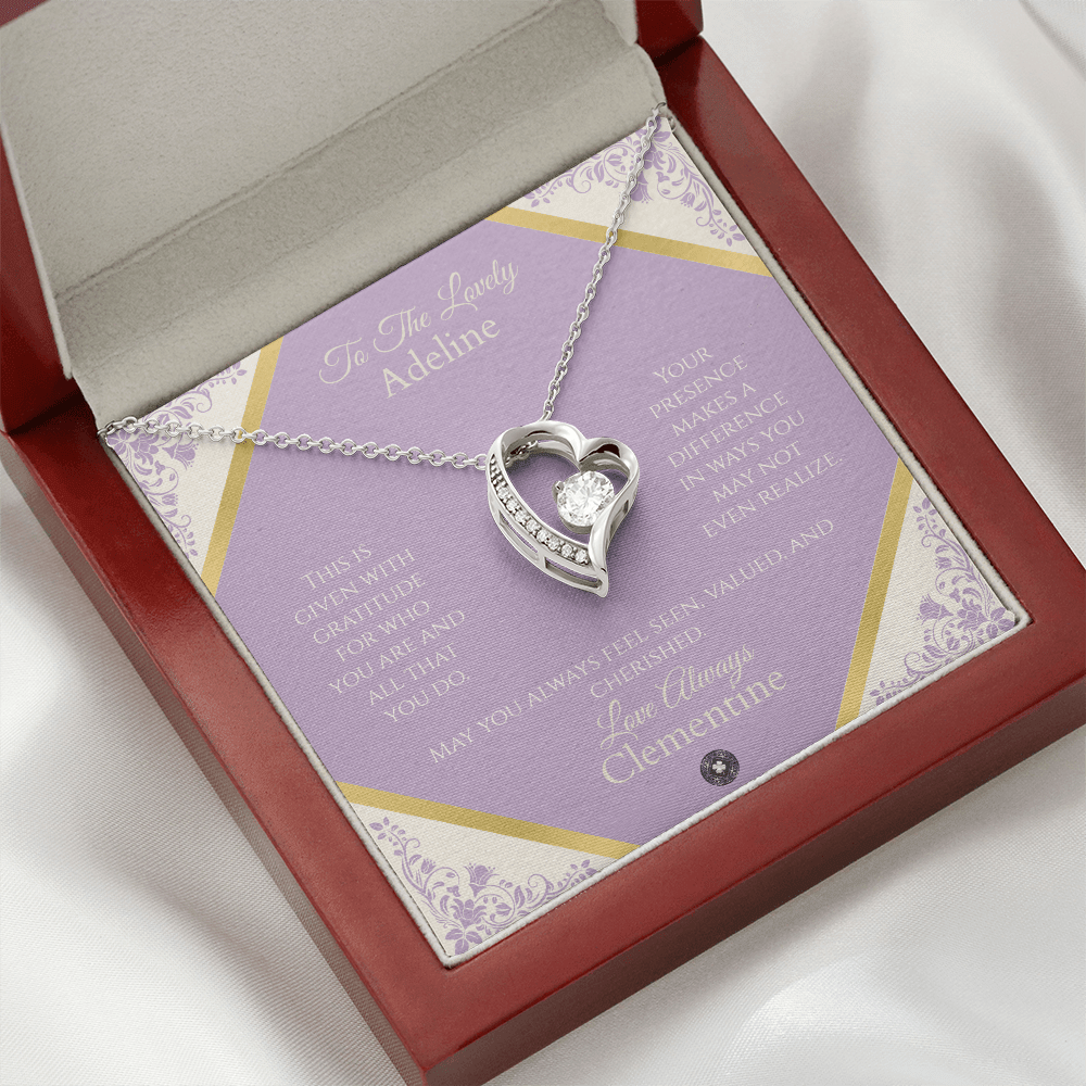 Forever Love Necklace: Personalized French Lavender Message Card Jewelry 14k White Gold Finish Mahogany Style Luxury Box with LED The Sterling Clover & Co.