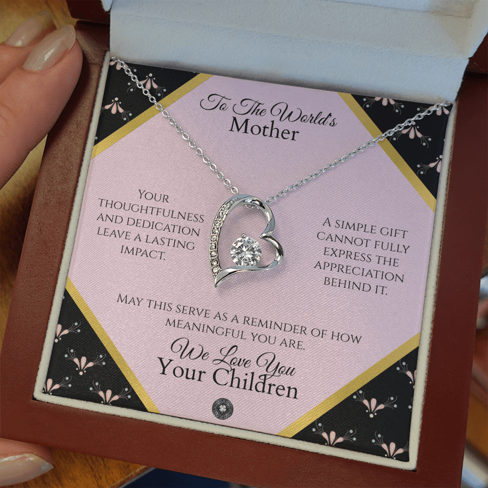 Forever Love Necklace: Personalized Pink Pixie Message Card Jewelry 14k White Gold Finish Mahogany Style Luxury Box with LED The Sterling Clover & Co.