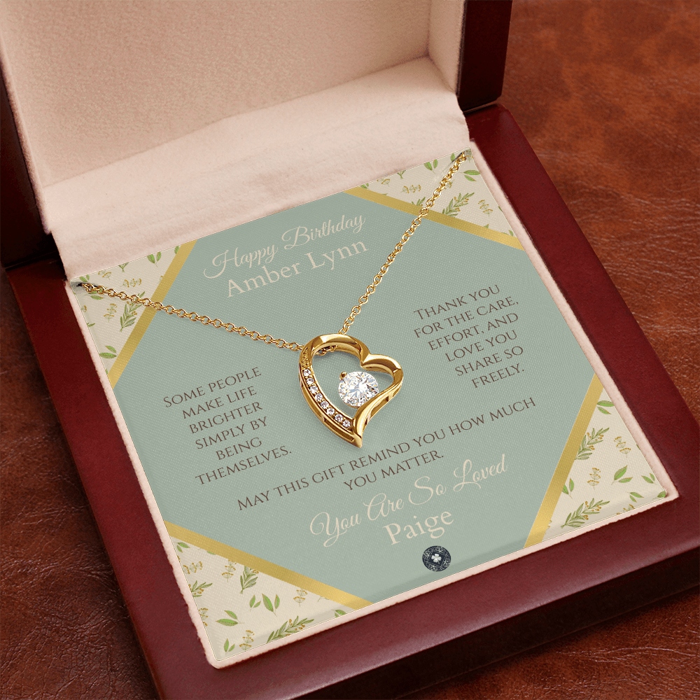 Forever Love Necklace: Personalized Sage Boho Message Card Jewelry 18k Yellow Gold Finish Mahogany Style Luxury Box with LED The Sterling Clover & Co.