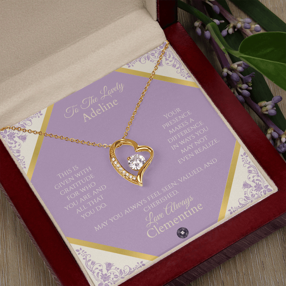 Forever Love Necklace: Personalized French Lavender Message Card Jewelry 18k Yellow Gold Finish Mahogany Style Luxury Box with LED The Sterling Clover & Co.