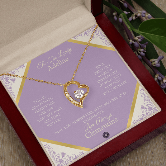 Forever Love Necklace: Personalized French Lavender Message Card Jewelry 18k Yellow Gold Finish Mahogany Style Luxury Box with LED The Sterling Clover & Co.