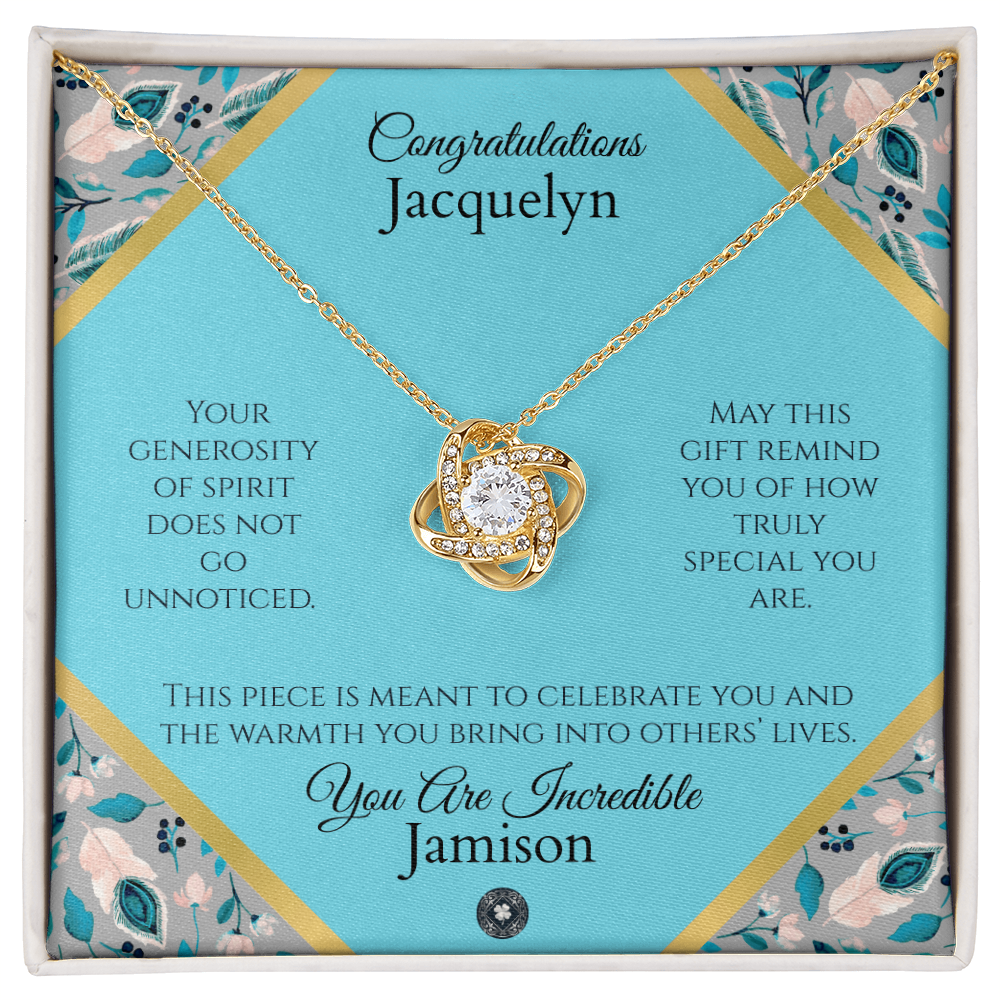 Love Knot Necklace: Personalized Azure Feather Message Card