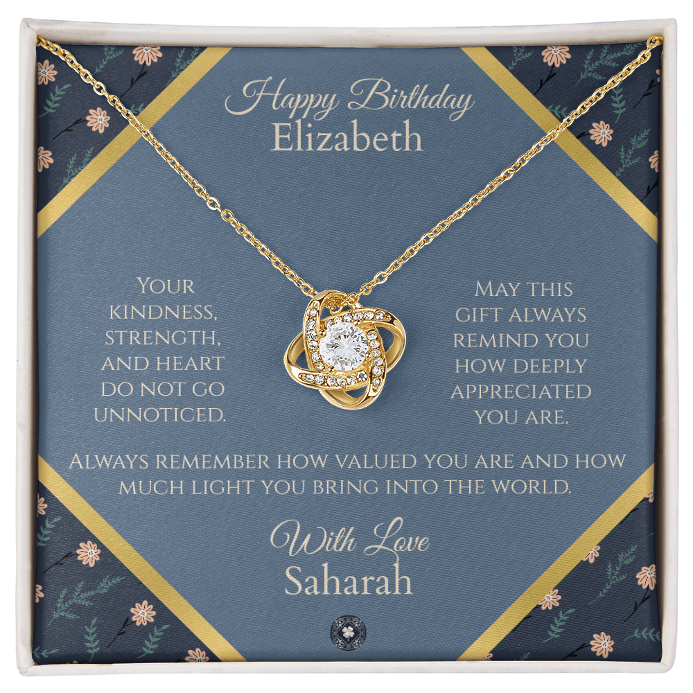 Love Knot Necklace: Personalized Navy Floral Message Card Jewelry 18K Yellow Gold Finish Mahogany Style Luxury Box with LED The Sterling Clover & Co.