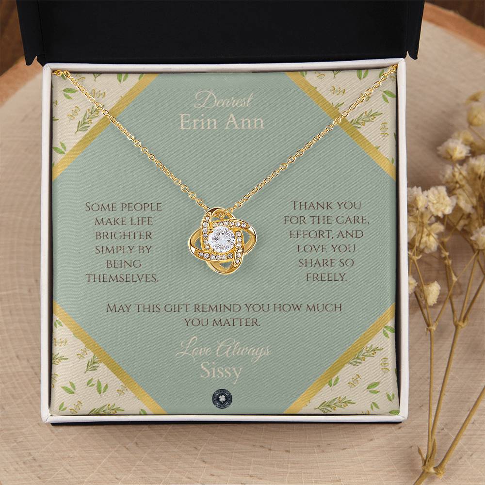 Love Knot Necklace: Personalized Sage Boho Message Card