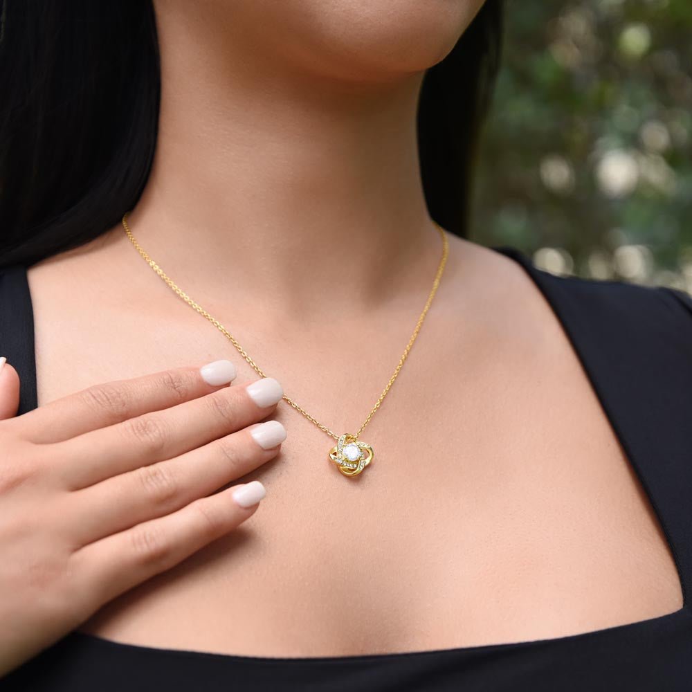 Love Knot Necklace: Personalized Navy Floral Message Card Jewelry 18K Yellow Gold Finish Mahogany Style Luxury Box with LED The Sterling Clover & Co.