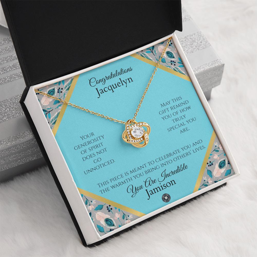 Love Knot Necklace: Personalized Azure Feather Message Card