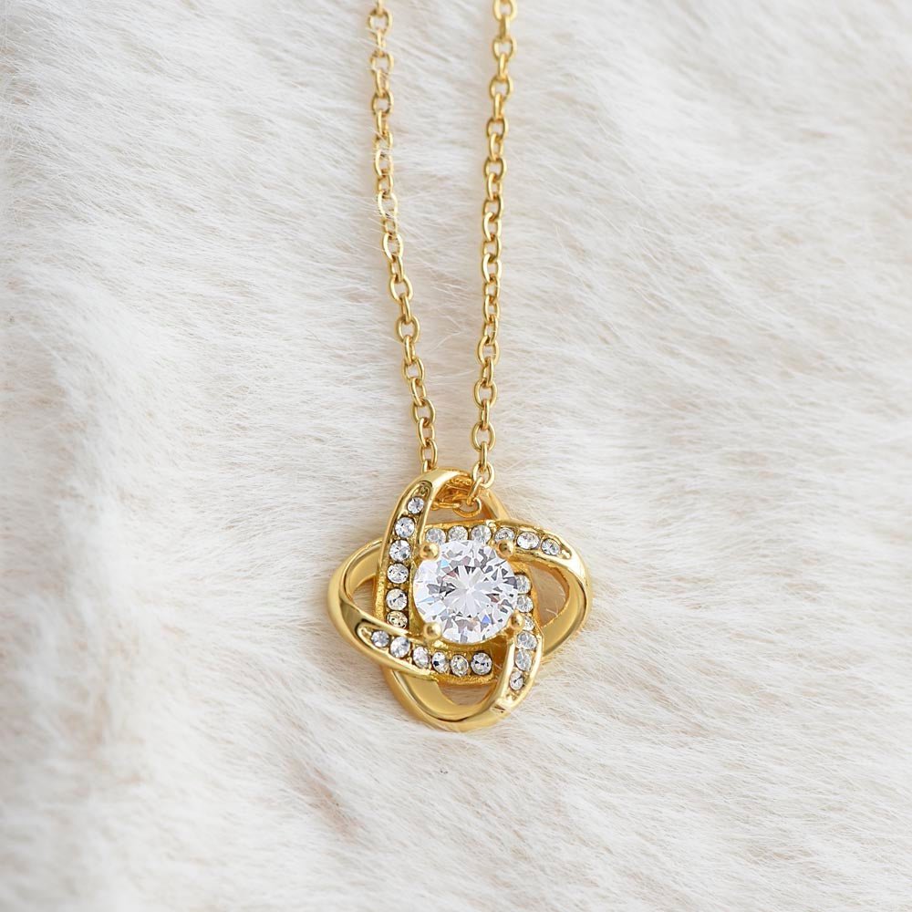 Love Knot Necklace: Personalized Navy Floral Message Card Jewelry 18K Yellow Gold Finish Mahogany Style Luxury Box with LED The Sterling Clover & Co.