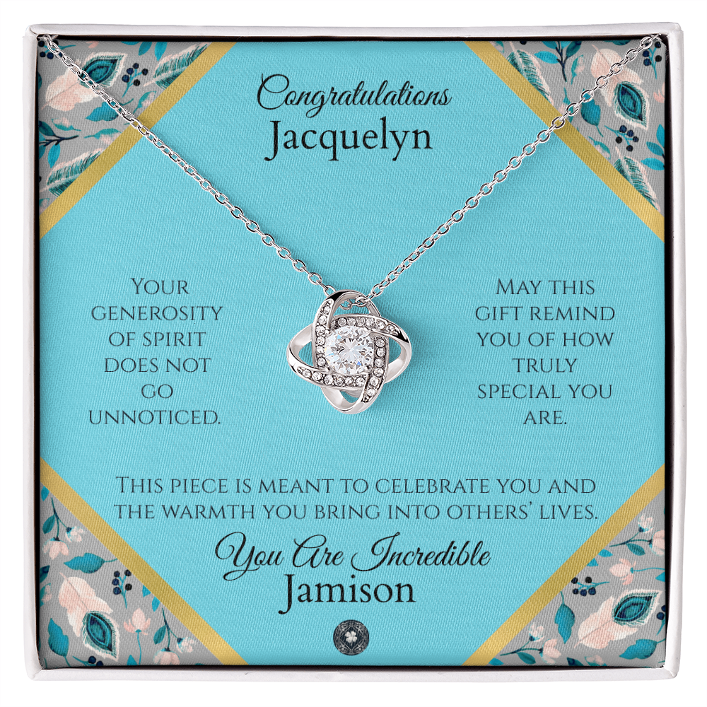 Love Knot Necklace: Personalized Azure Feather Message Card