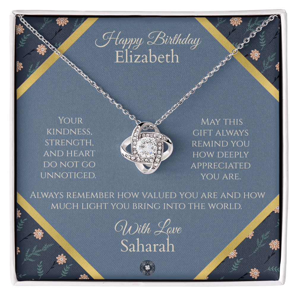 Love Knot Necklace: Personalized Navy Floral Message Card Jewelry 18K Yellow Gold Finish Mahogany Style Luxury Box with LED The Sterling Clover & Co.