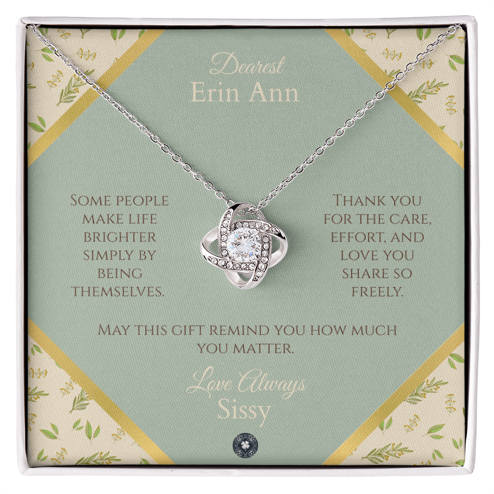 Love Knot Necklace: Personalized Sage Boho Message Card