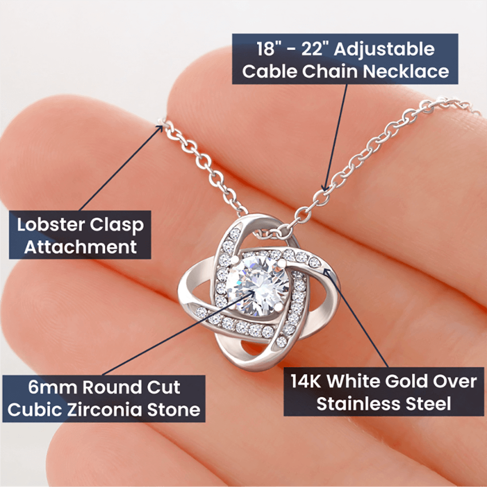 Love Knot Necklace: Personalized Navy Floral Message Card Jewelry 14K White Gold Finish Two Tone Box The Sterling Clover & Co.