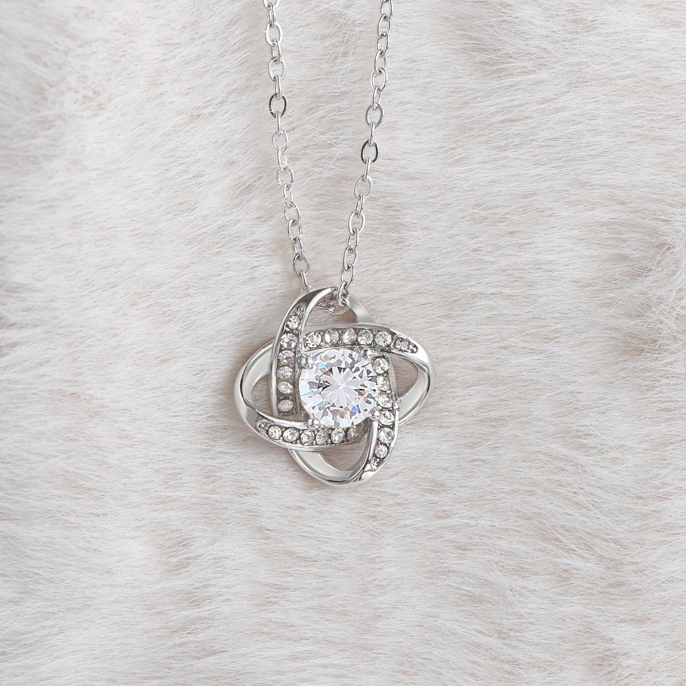 Love Knot Necklace: Personalized Navy Floral Message Card Jewelry 18K Yellow Gold Finish Mahogany Style Luxury Box with LED The Sterling Clover & Co.