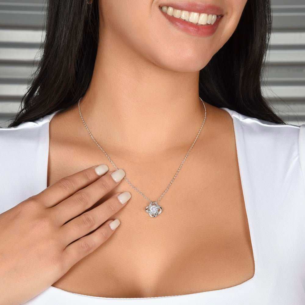 Love Knot Necklace: Personalized Navy Floral Message Card Jewelry 18K Yellow Gold Finish Mahogany Style Luxury Box with LED The Sterling Clover & Co.
