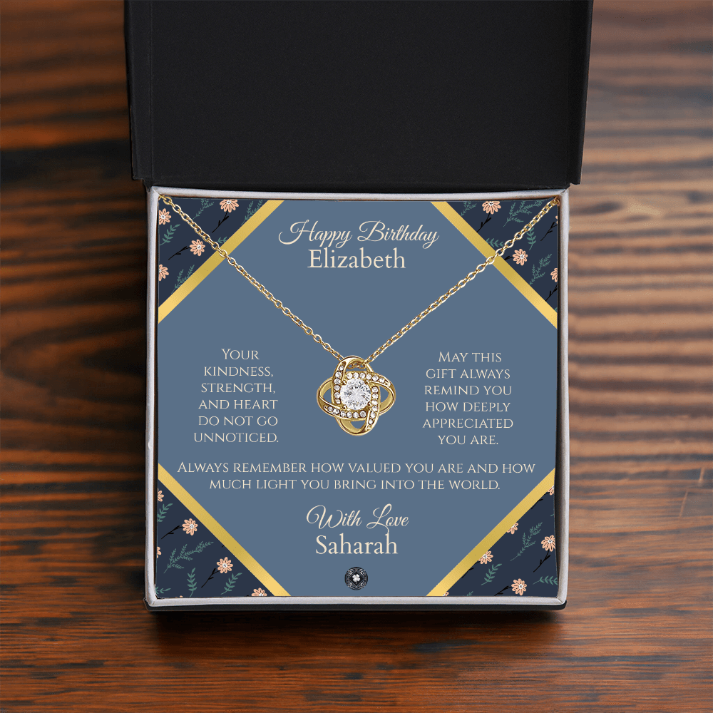 Love Knot Necklace: Personalized Navy Floral Message Card Jewelry 14K White Gold Finish Two Tone Box The Sterling Clover & Co.