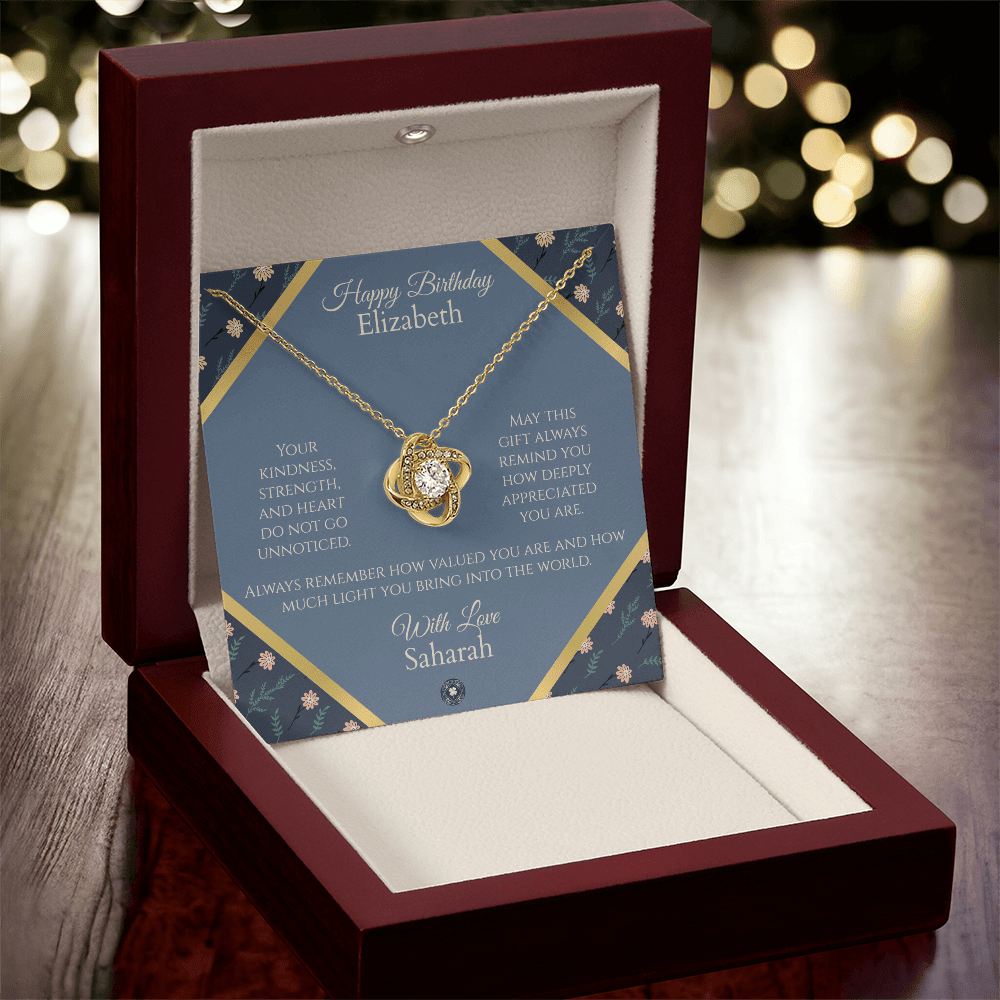 Love Knot Necklace: Personalized Navy Floral Message Card Jewelry 18K Yellow Gold Finish Mahogany Style Luxury Box with LED The Sterling Clover & Co.
