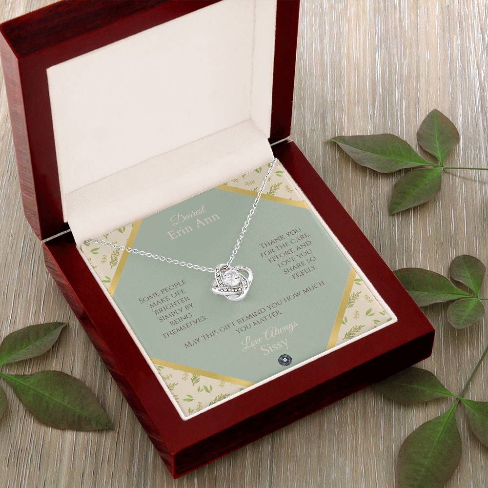 Love Knot Necklace: Personalized Sage Boho Message Card