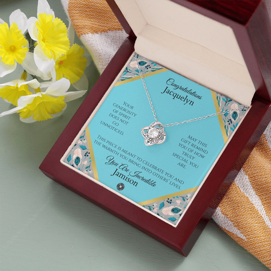 Love Knot Necklace: Personalized Azure Feather Message Card