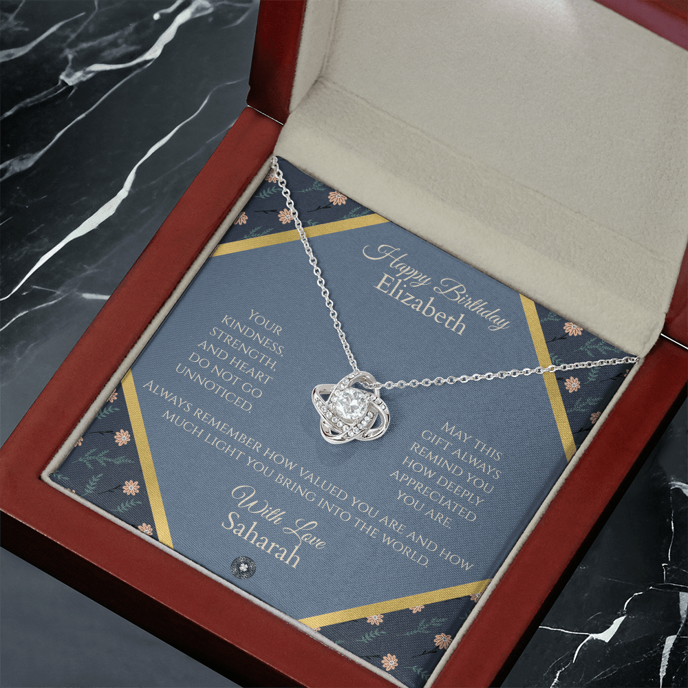 Love Knot Necklace: Personalized Navy Floral Message Card Jewelry 14K White Gold Finish Mahogany Style Luxury Box with LED The Sterling Clover & Co.