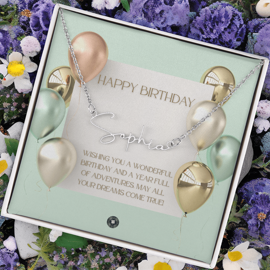 Custom Horizontal Signature Name Necklace: Wonderful Happy Birthday