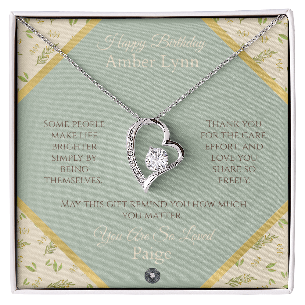 Forever Love Necklace: Personalized Sage Boho Message Card Jewelry 18k Yellow Gold Finish Mahogany Style Luxury Box with LED The Sterling Clover & Co.