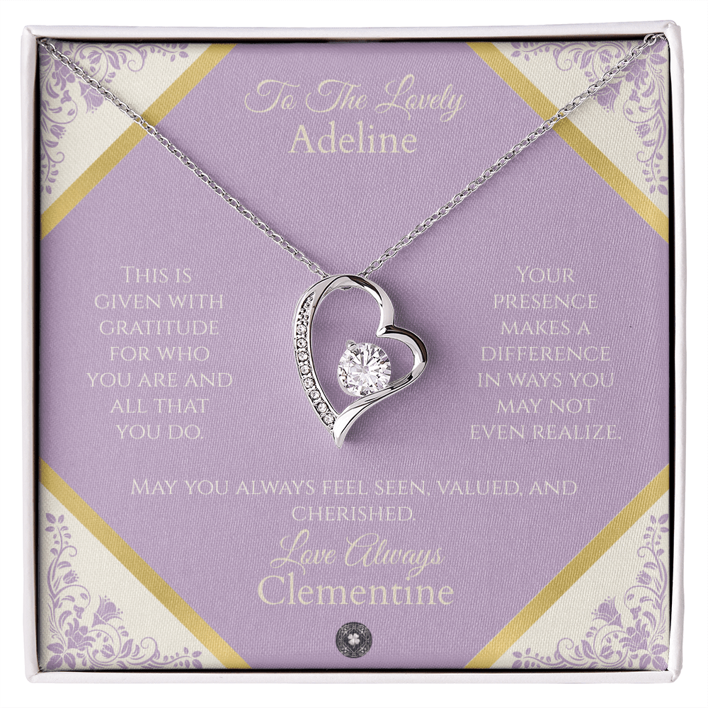 Forever Love Necklace: Personalized French Lavender Message Card Jewelry 14k White Gold Finish Two Tone Box The Sterling Clover & Co.