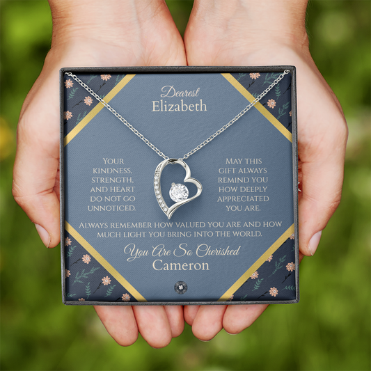 Forever Love Necklace: Personalized Navy Floral Message Card