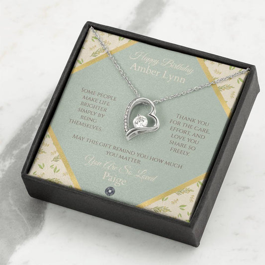 Forever Love Necklace: Personalized Sage Boho Message Card Jewelry 14k White Gold Finish Two Tone Box The Sterling Clover & Co.