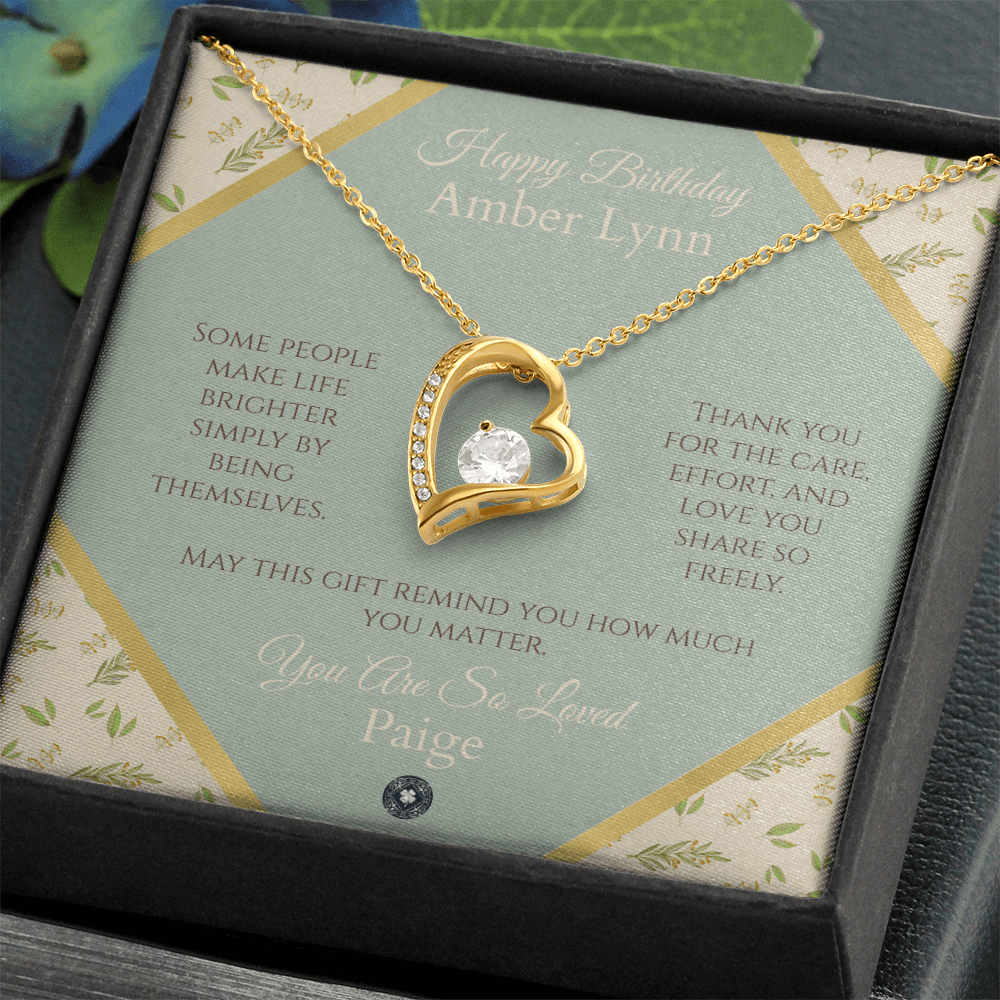 Forever Love Necklace: Personalized Sage Boho Message Card Jewelry 18k Yellow Gold Finish Two Tone Box The Sterling Clover & Co.