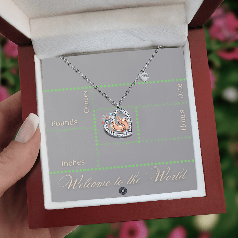 Baby Feet & Heart Announcement Necklace: Green Jewelry Mahogany Style Luxury Box with LED The Sterling Clover & Co.