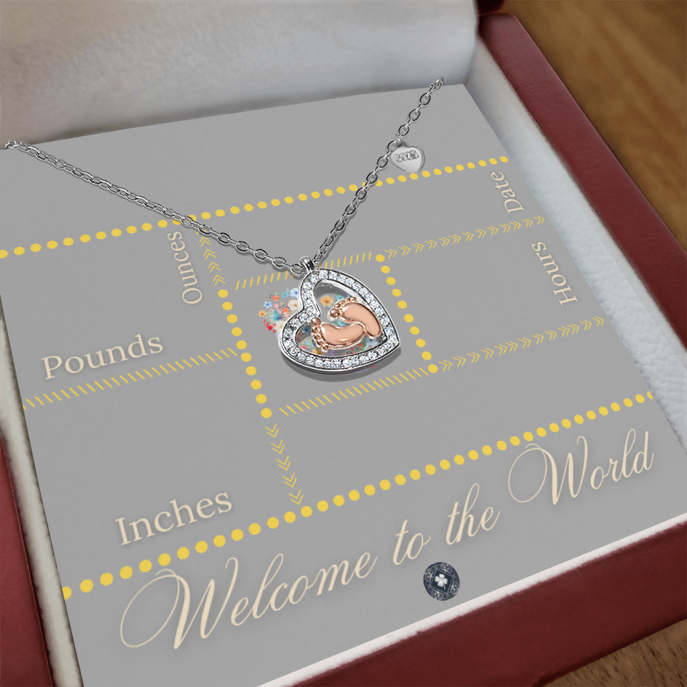 Baby Feet & Heart Announcement Necklace: Yellow