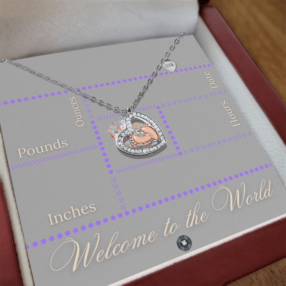 Baby Feet & Heart Announcement Necklace: Purple Jewelry Mahogany Style Luxury Box with LED The Sterling Clover & Co.