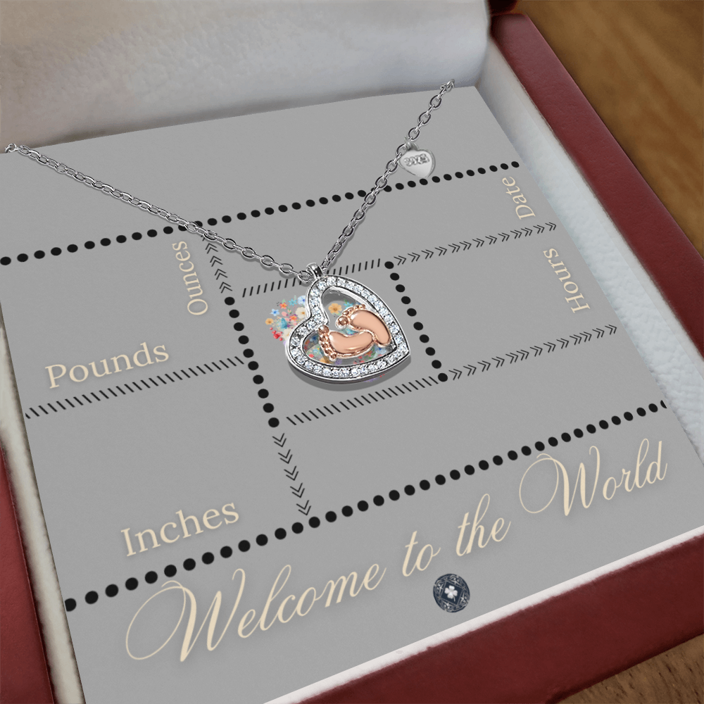 Baby Feet & Heart Announcement Necklace: Black