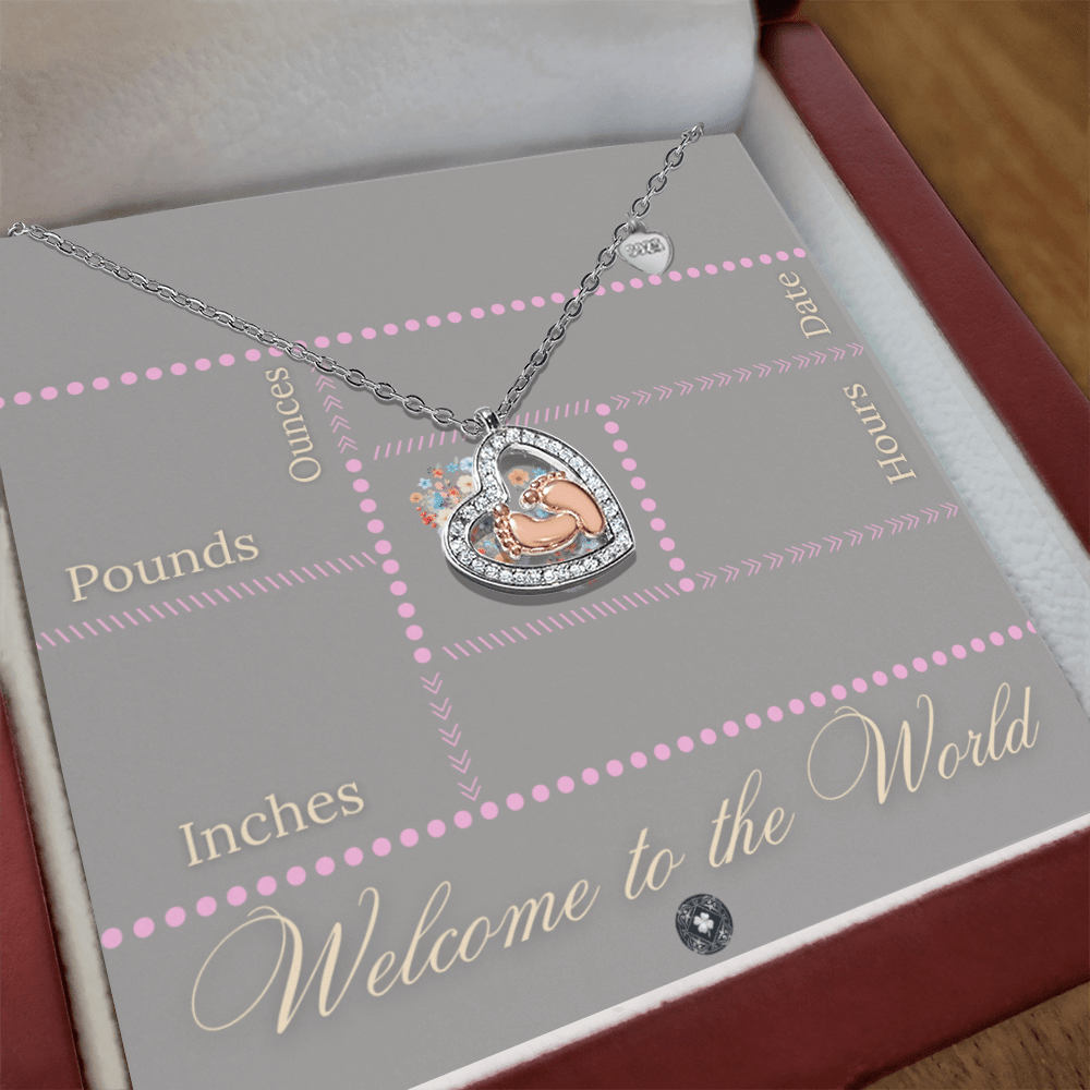 Baby Feet & Heart Announcement Necklace: Pink Jewelry Mahogany Style Luxury Box with LED The Sterling Clover & Co.