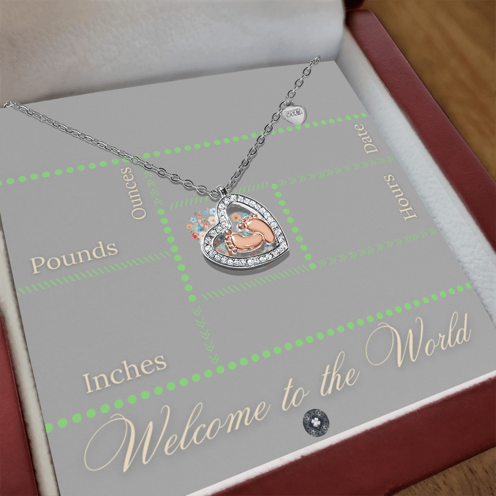 Baby Feet & Heart Announcement Necklace: Green Jewelry Mahogany Style Luxury Box with LED The Sterling Clover & Co.
